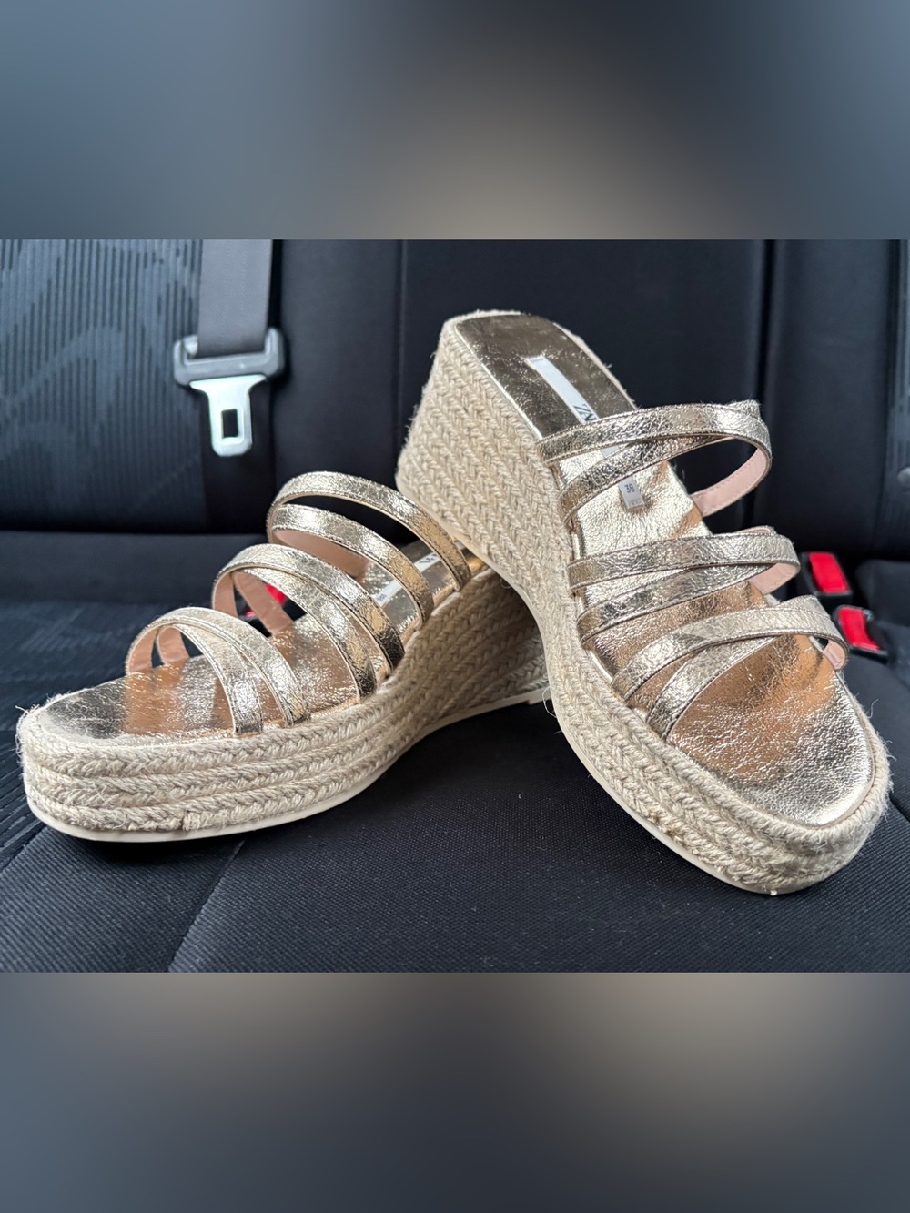 Zara-Gold Braided Wedge Slide Sandals - Women size 38